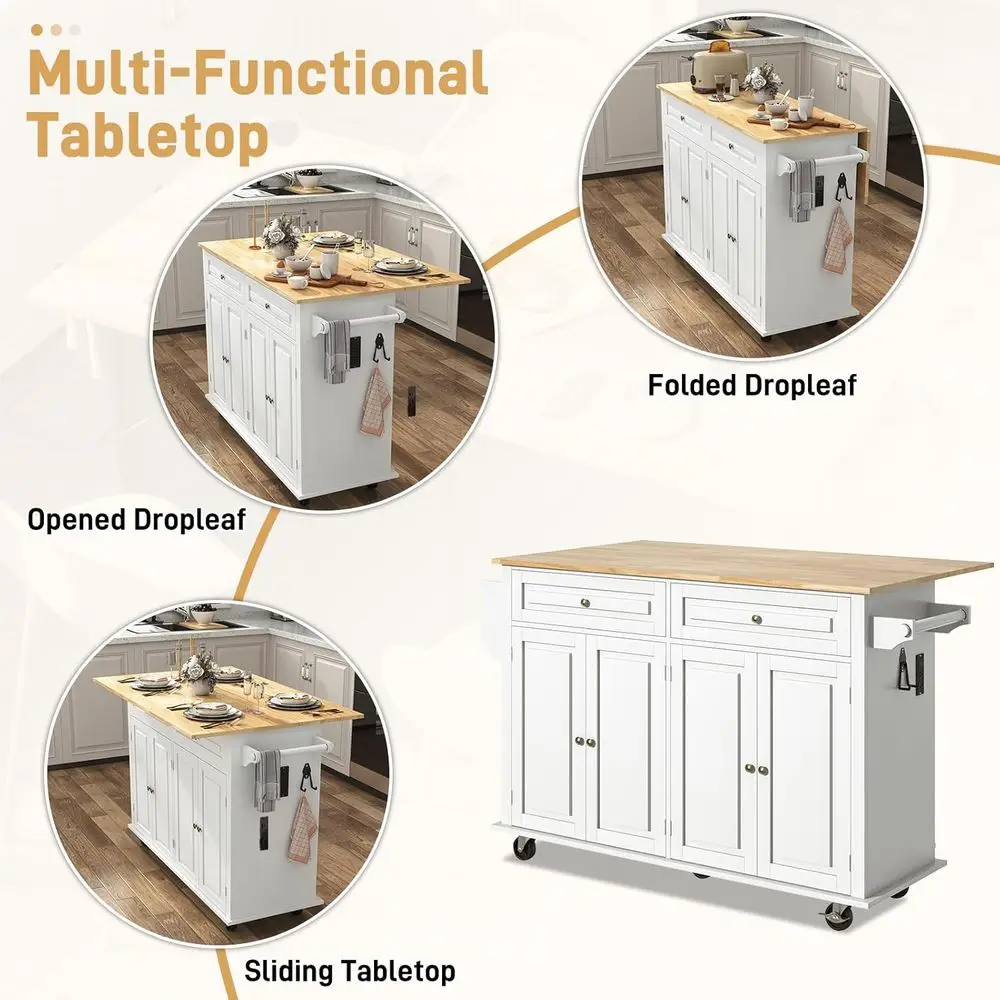 جزيرة مطبخ متنقلة مقاس 59.1 بوصة مع أوراق شجر متدلية ومخرج طاقة وخزانة تخزين وأدراج ورف توابل وبار المناشف وخطاف جراج i #3