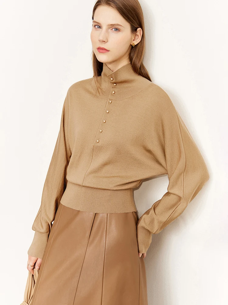 AMII Minimalismus 100% Woolen Pullover Frauen Herbst 2022 Lose Pendler Flügelhülsen Hohe Kragen Gestrickte Pullover Tops 12240969
