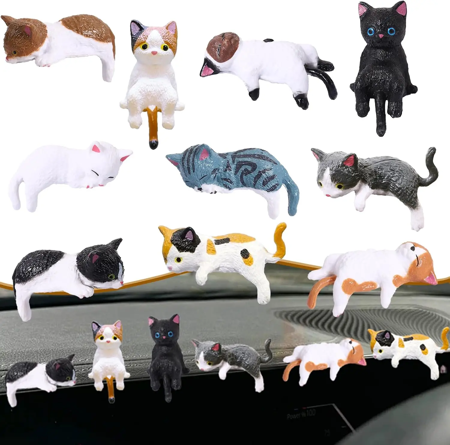 10 Pcs Mini Cat Figurines Desk Cats for Car Dashboard Decor | 10 Assorted Mini Cats in Lounging and Hanging Poses, Car Accessori
