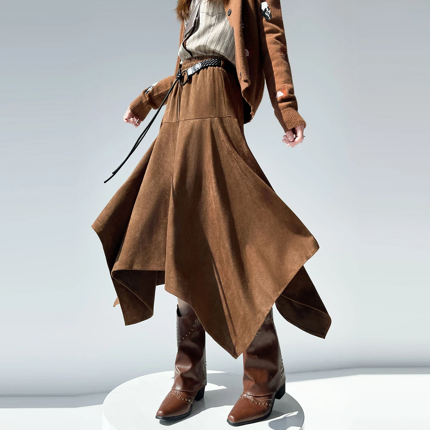 

Замшевая юбка нестандартной формы для женщин, осенне-зимняя ретро-юбка-зонтик с высокой талией для похудения