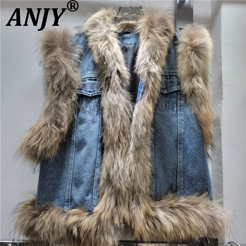 

ANJY 2025 Autumn Winter New Women European Fashionable Denim Patchwork Fur Jacket Vest Trendy Street Sleeveless Waistcoat A13523