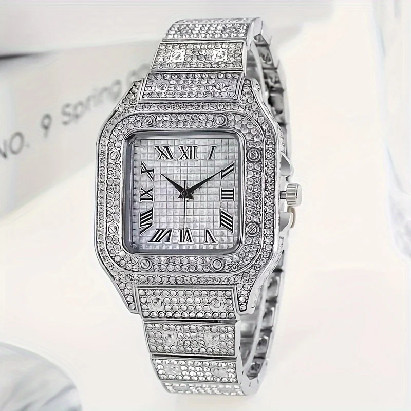 Men\'s Fashion Hip Hop Rhinestone Steel Band Quartz Watch