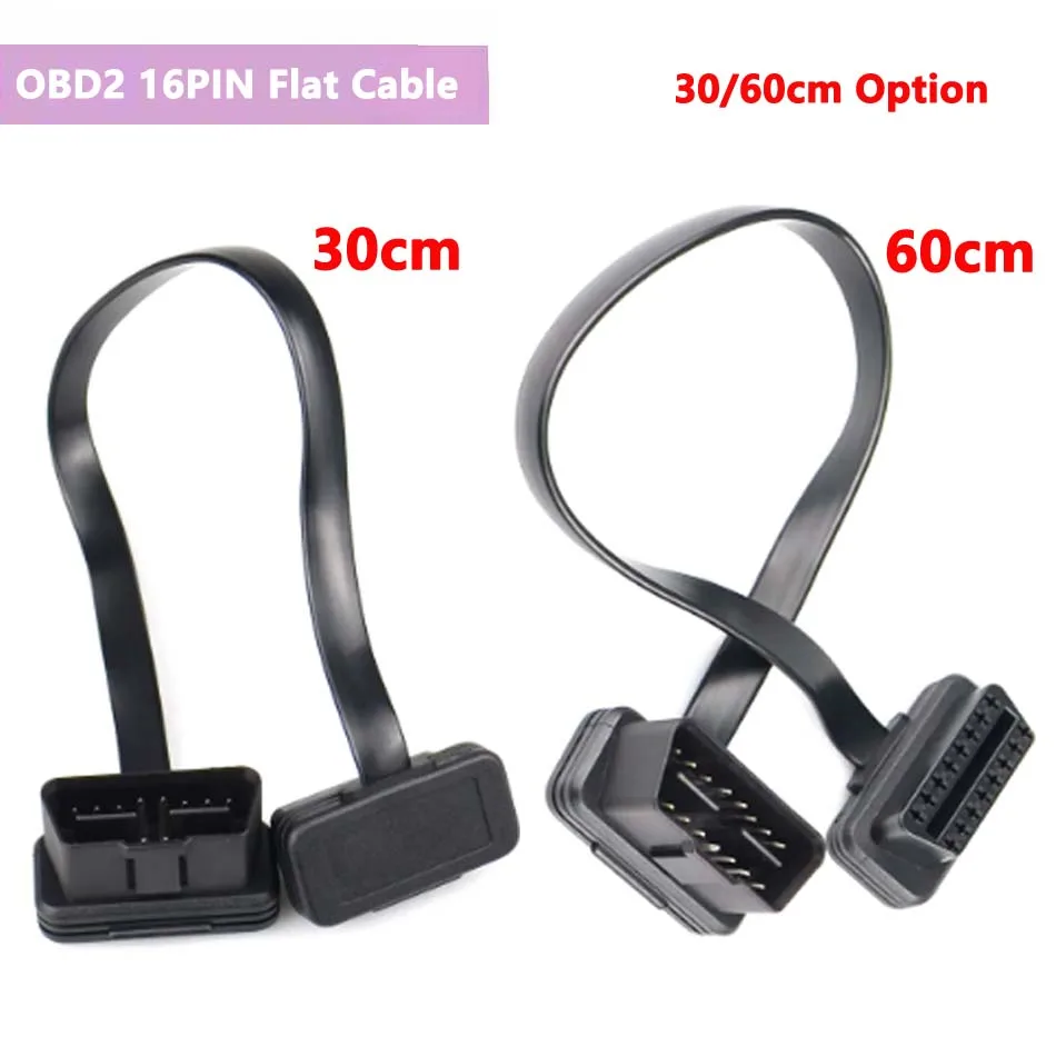 30cm/60cm Option Flat Thin OBD2 16Pin Extender Male To Female OBD 16 Pin Adapter Elbow OBDII ELM327 Extension Connector Cable