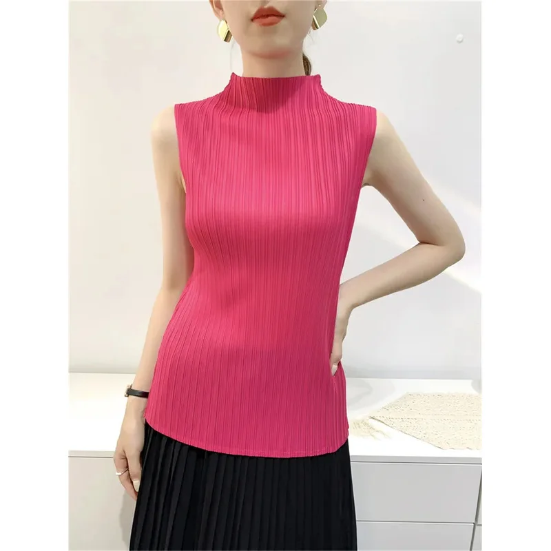 Miyake Summer Outwear Vest Slim High Stretch Pleated Top Half High Neck Sleeveless Comfortable Casual