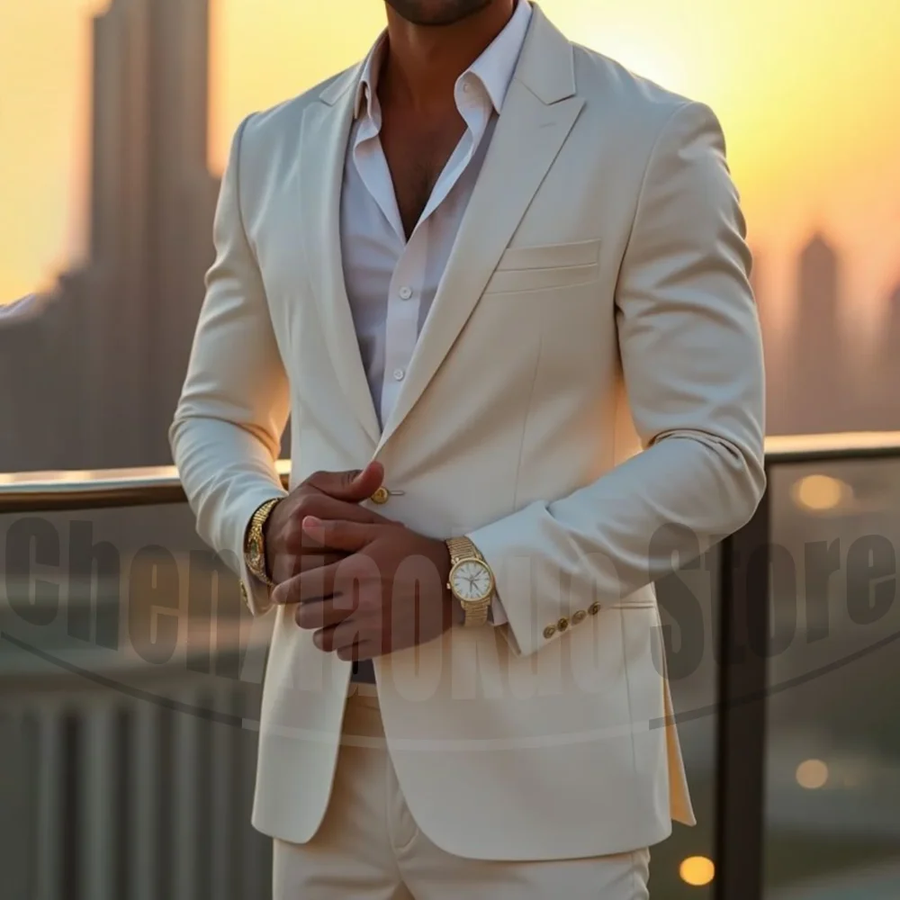 

Мужской кремово-белый комплект из двух предметов, однобортный офисный элегантный повседневный наряд, элегантный мужской костюм на заказ для свадебной вечеринки