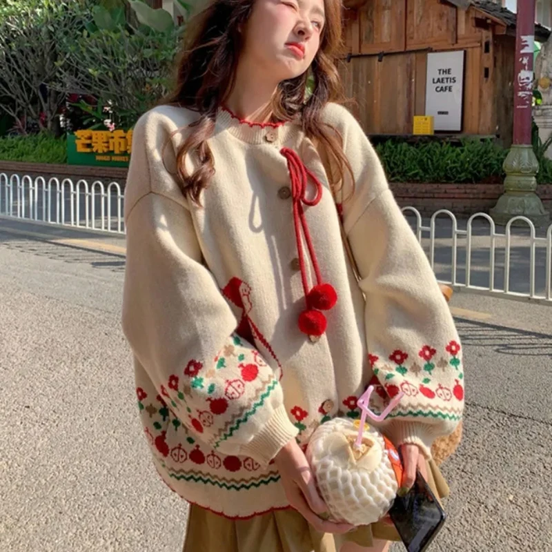 Women Christmas Cardigan Sweet Floral Button Down Knit Top Drop Shoulder Loose Fit Long Sleeve Pom-Pom Tie Front Cute Sweater