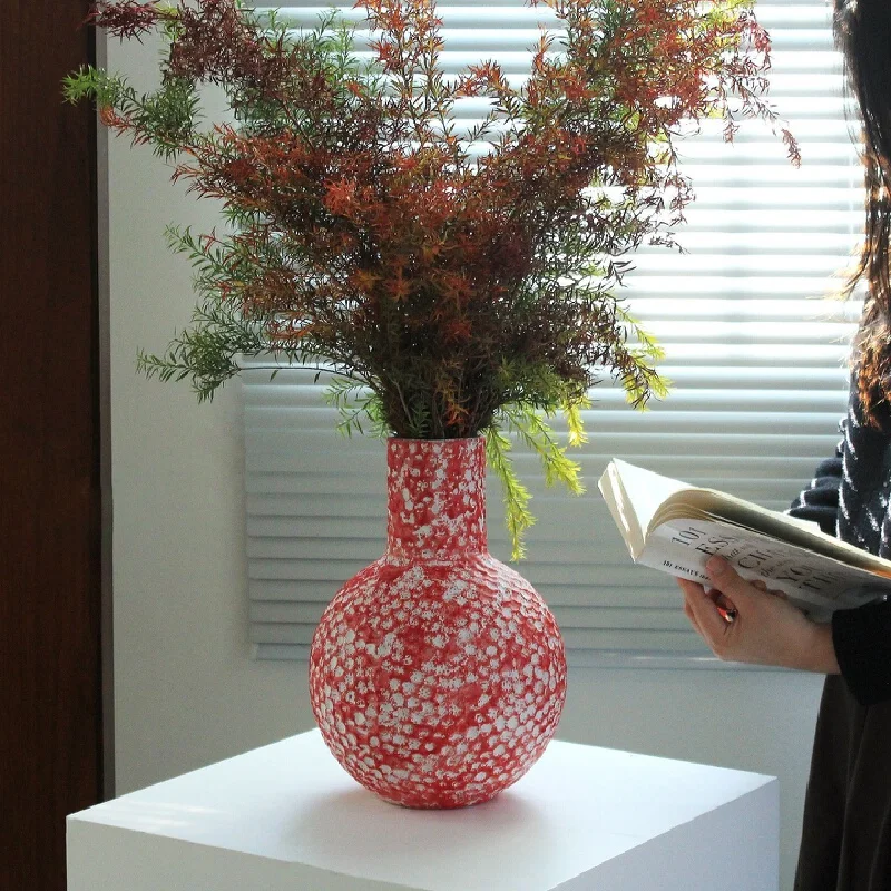 Room Decorations Red Textured Ceramic Vase Rough Pottery Flower Arrangement Vase Home Living Room Desktop Ornament For New Year