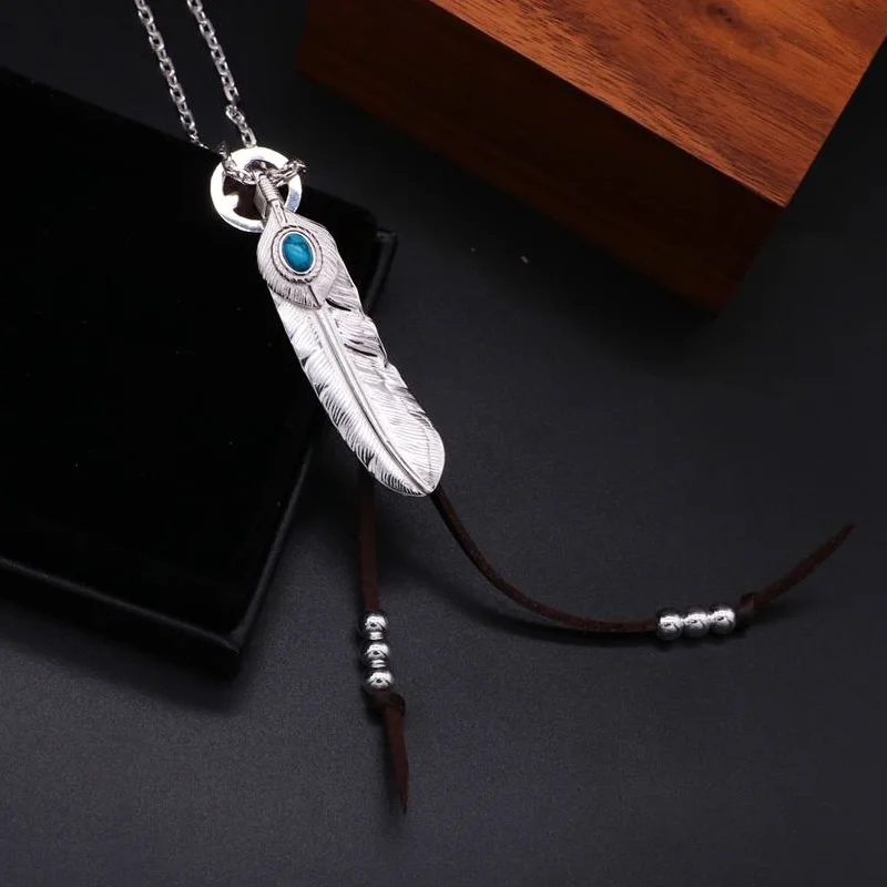 Indian style S925 sterling silver small turquoise eagle single feather pendant necklace with layered leather rope tassel set cha