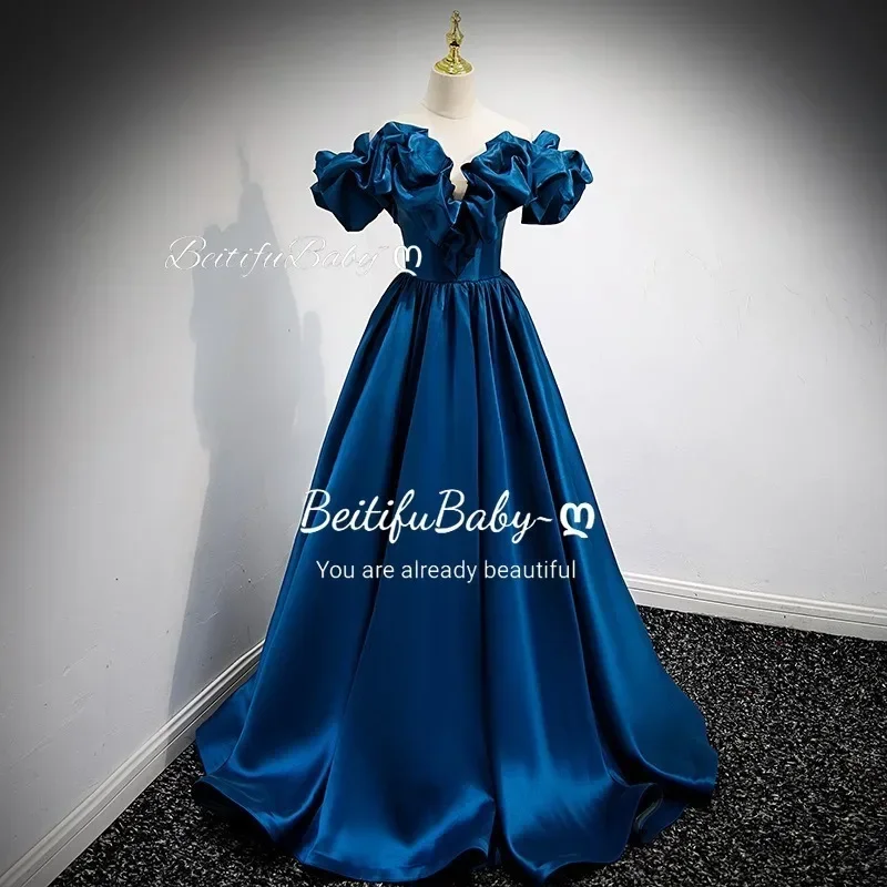 BeitifuBaby Women's Blue Evening Dress Off The Shoulder Ruched Neck Sleeveless Stain Ball Gown Banquet Party Dresses Vestidos