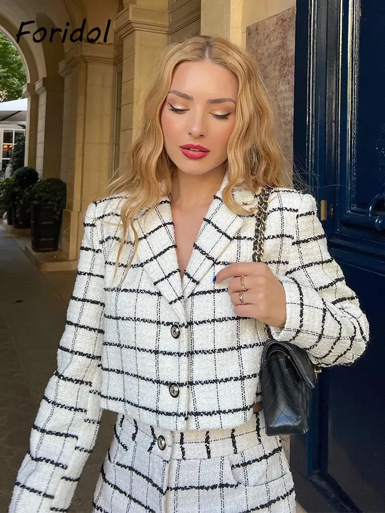 Foridol Plaid White Black Tweed Winter Autumn Female Blazer Suit Office Short Blazer Shorts Set Zipper Button Winter Knitted Top