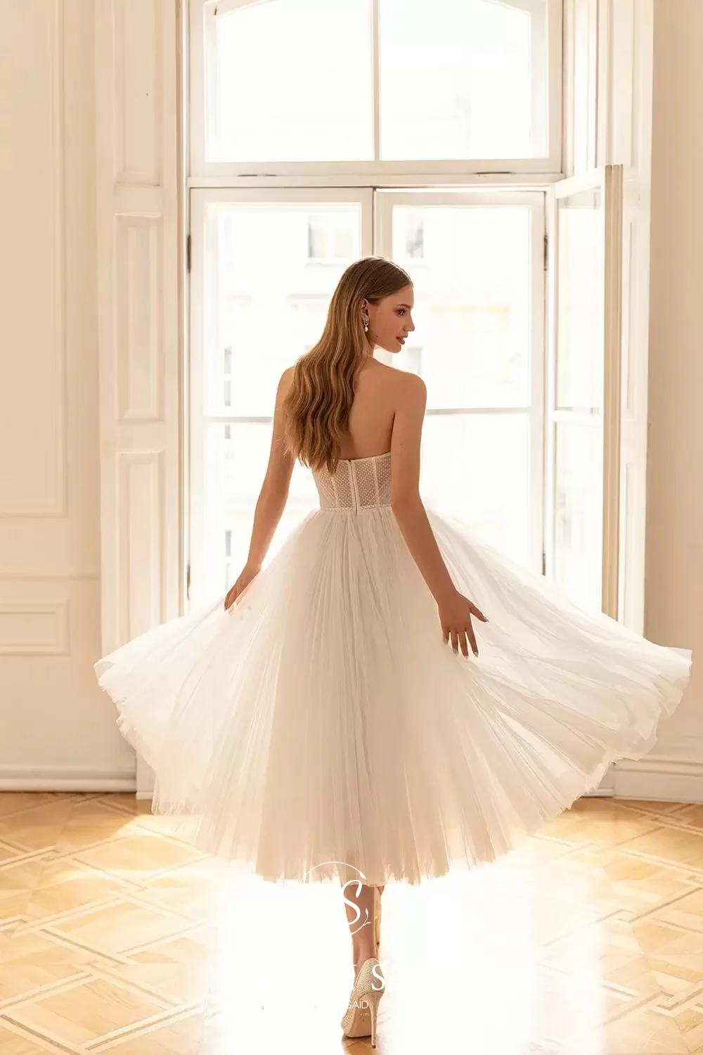 Sharon Said Romantic 2 Pieces A-Line Off WhiteTulle Wedding Dress 2025 Elegant With Cape Tea Length Bride Gowns SW192 Customized