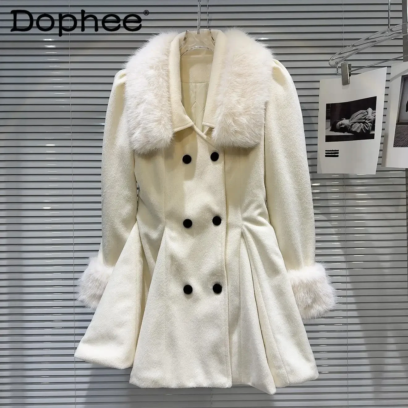 Winter New French High Waist Artificial Fur Collar Padded Cotton Warm Trench Coat Women Thick Elegant Temperament Woolen Coat