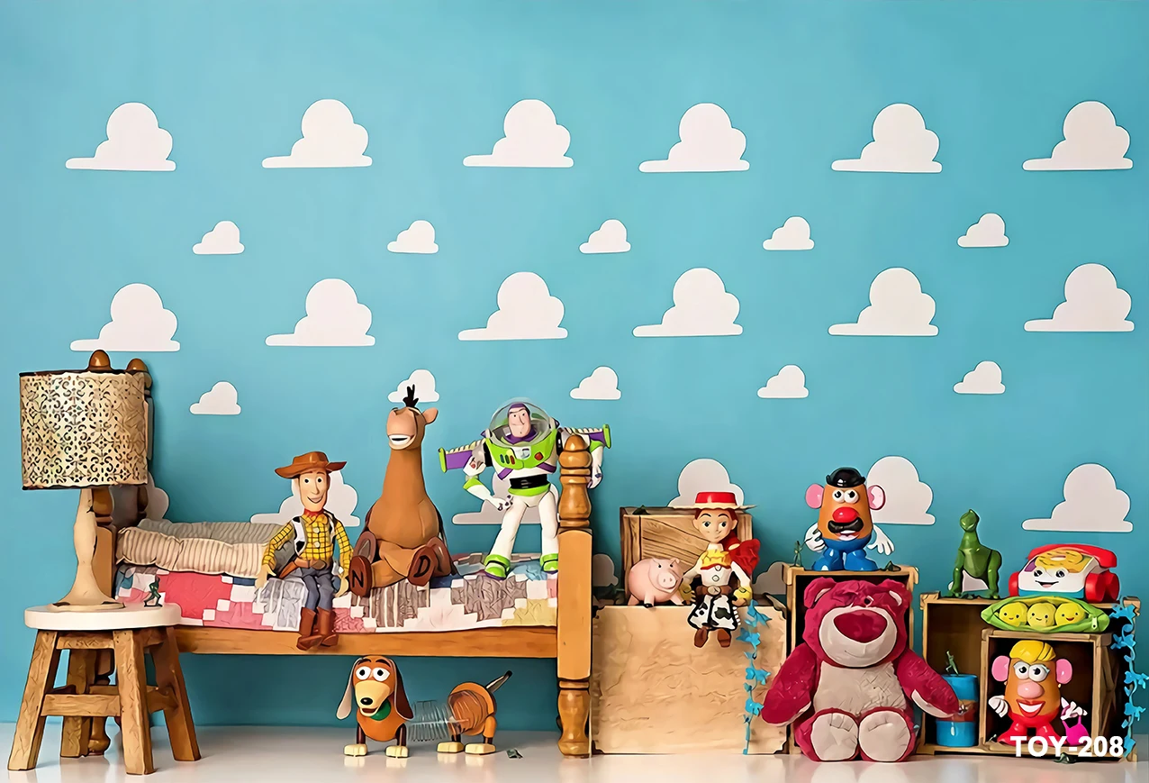 Фон «История игрушек» на заказ, голубое небо, белые облака, Базз Лайтер, домашняя сцена, детский день рождения, вечеринка, декор для детского душа