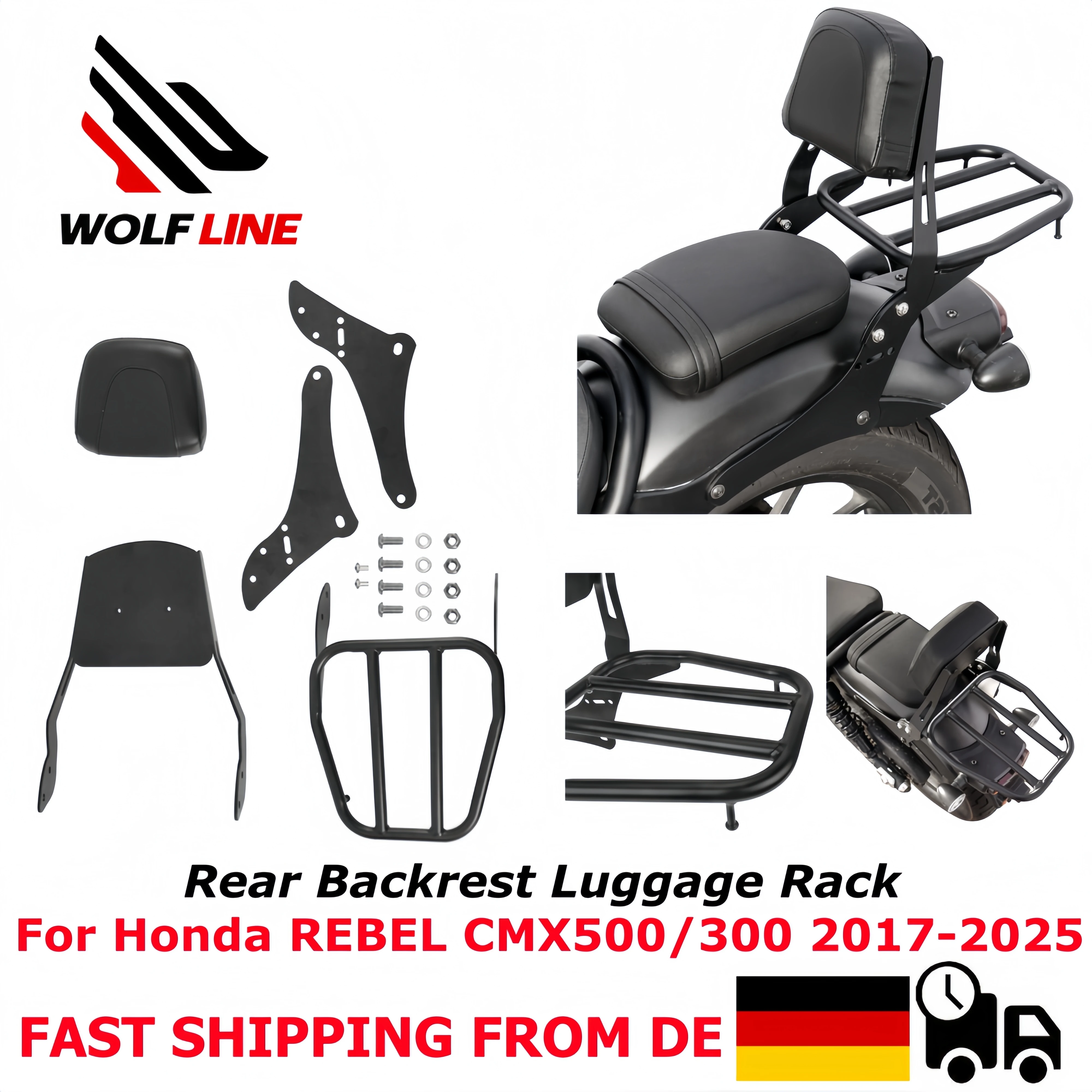 WOLFLINE Heck-Rückenlehnen-Gepäckträger für Honda Rebel CMX500 2017-2025 für CMX300 Beifahrersitz-Rückenlehnen-Gepäckträger-Kits