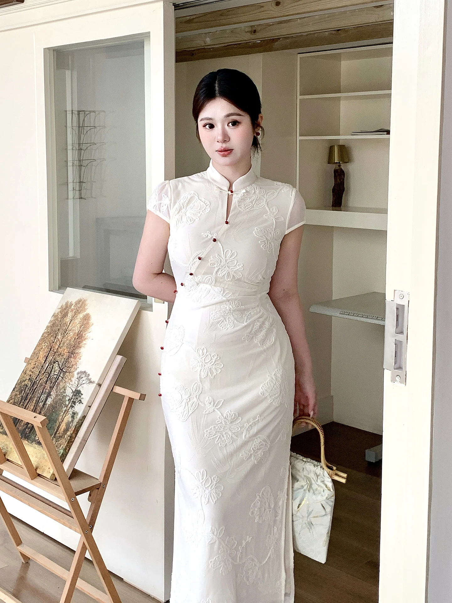 

Slimming Wedding Dress for plus Size Women Chinese Style Embroidery High Waist Long Sleeve Maxi Dress Zipper Back Closure