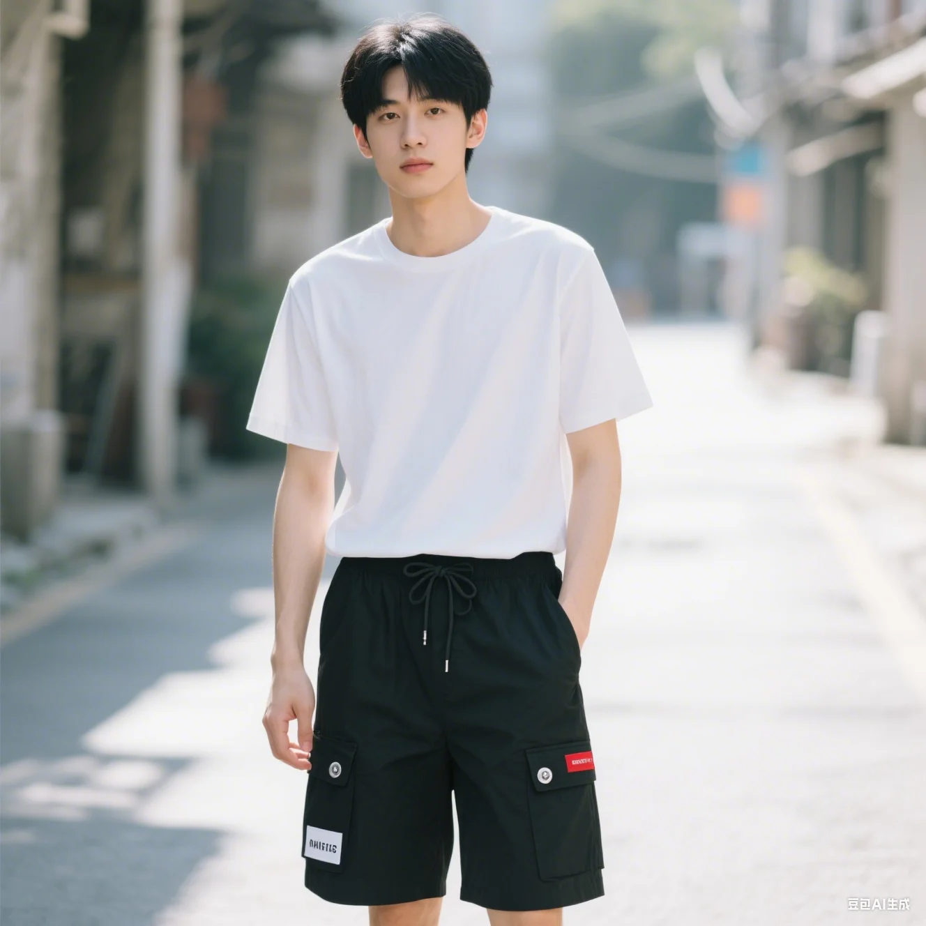 Work clothes shorts men's multi pocket shorts summer thin loose elastic waist drawstring five quarter pants