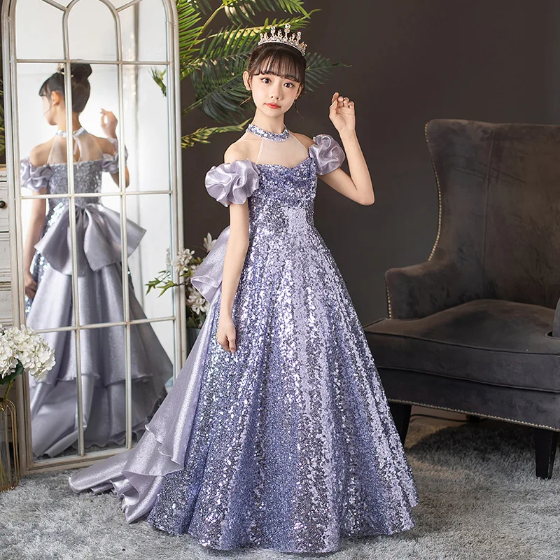 

2024 New Childrens Host Dress Purple sequin piano performance costume High end birthday runway show girls wearing formal dresses