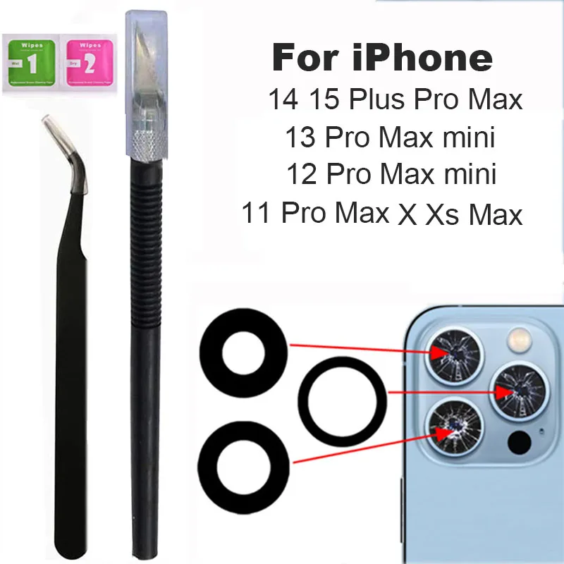 1 conjunto de volta lente da câmera de vidro para o iphone x xr xs 11 12 13mini pro max câmera traseira com adesivo & remover ferramentas reparação