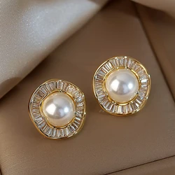 New Fashion Imitation Pearl Stud Earrings for Women Trendy Irregular Round Zirconia Crystal Earrings Female Wedding Jewelry Gift