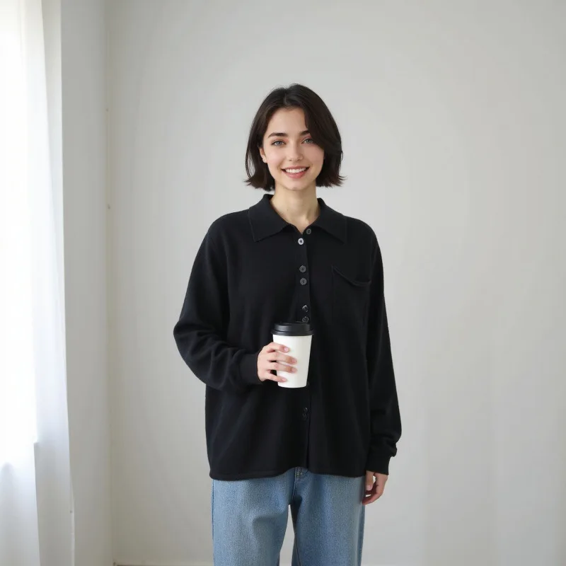 2025年冬 レディース ポロ襟 100%ウール 長袖 ボタン付き インナー 無地 ニットセーター