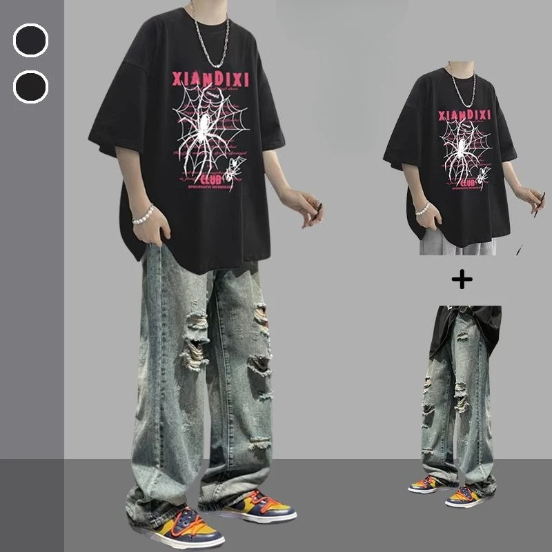 مجموعة تي شيرت Marvel Spiderman Boys Summer Fashion Trends Cartoon Anime Pattern Soft Casual Loose Jeans متعددة الاستخدامات بأكمام قصيرة
