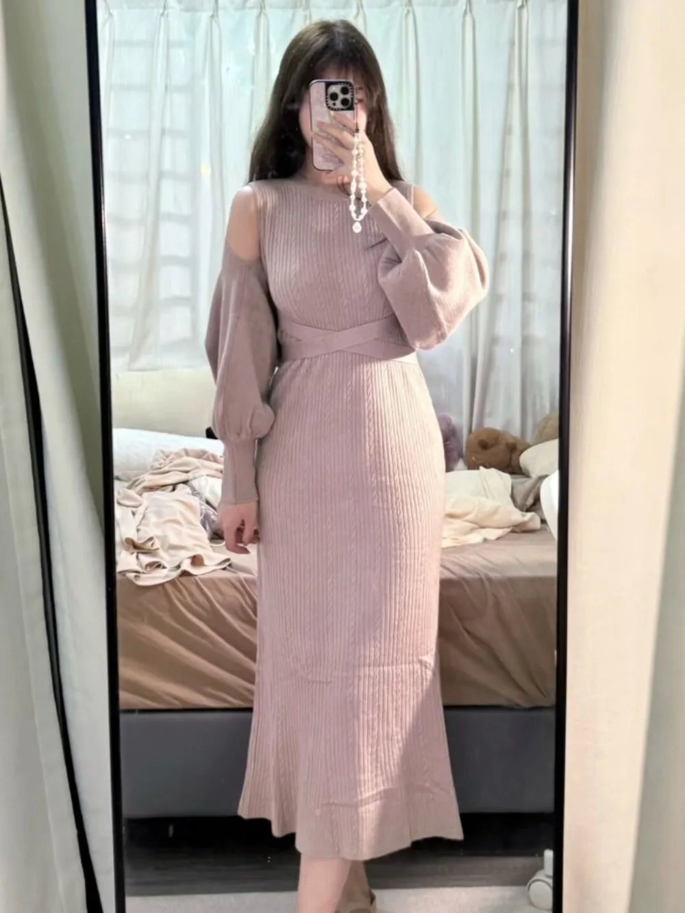 

Japan Slim Elegant Premium Minority Dress Short Lantern Sleeve Temperament Set Shawl Twist Knit Mermaid Mid-length Robe