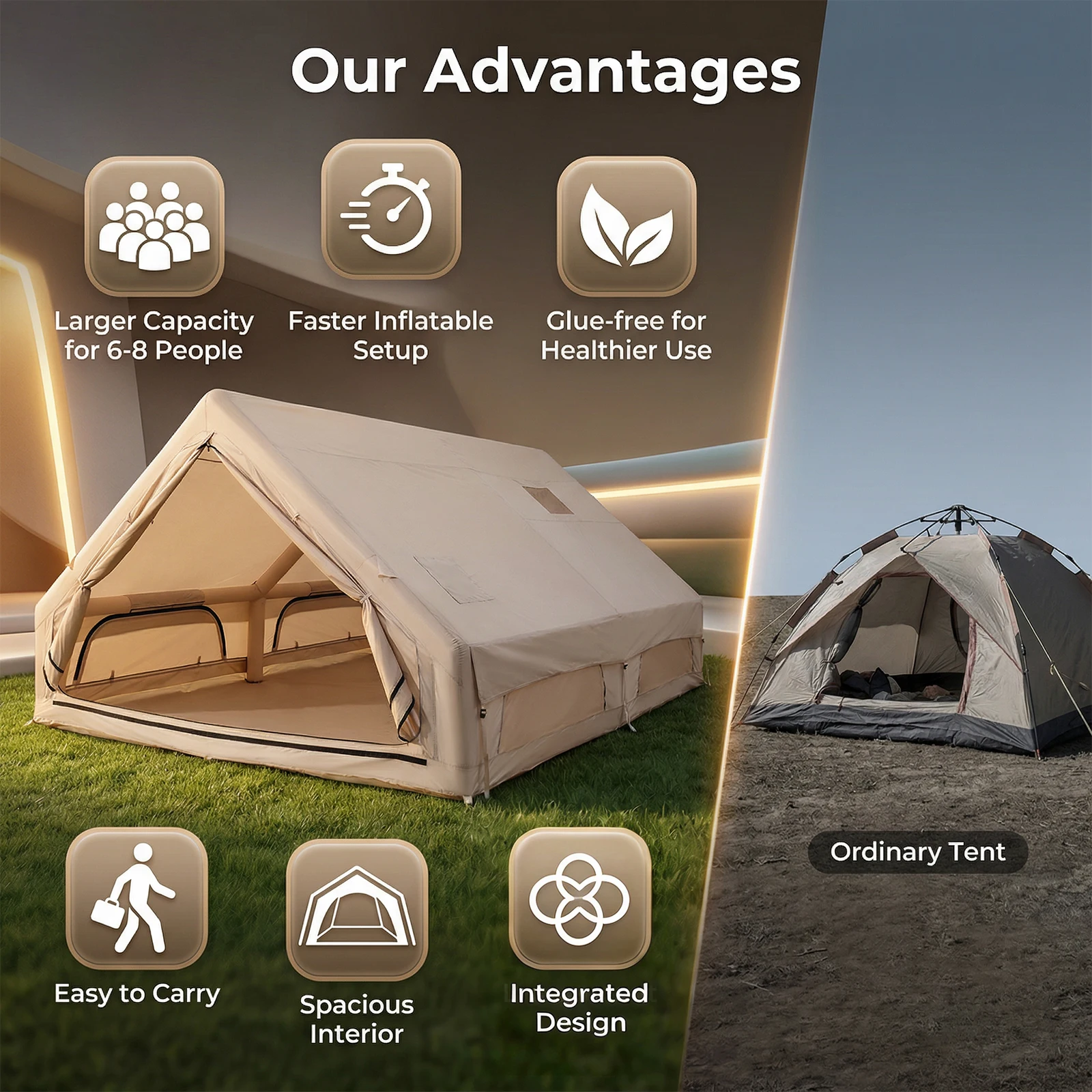 Tente de camping gonflable de luxe Podofo, 12 mètres carrés, pour 6 à 8 personnes, montage rapide, structure à colonne d'air monobloc, tissu Oxford 210D imperméable, tente familiale avec lucarne, porte AB, pompe haute pression, 19 piquets, kit de réparation, sac de rangement, idéale pour la plage et la randonnée.