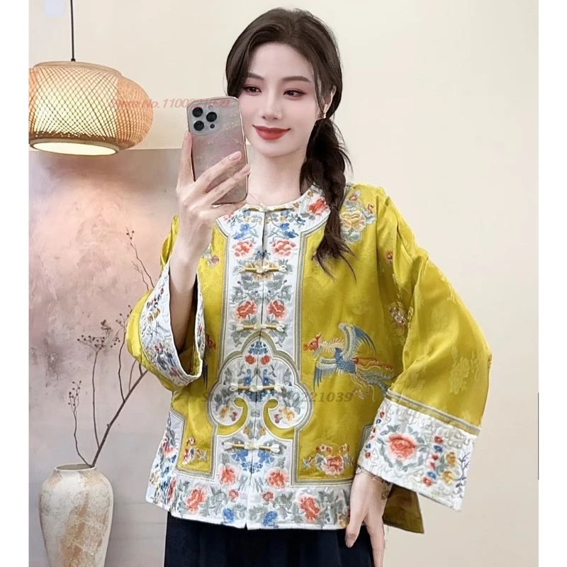

2025 national phoenix embroidery ethnic coat chinese improved hanfu tops jacket traditional o-neck satin jacquard vintage coat