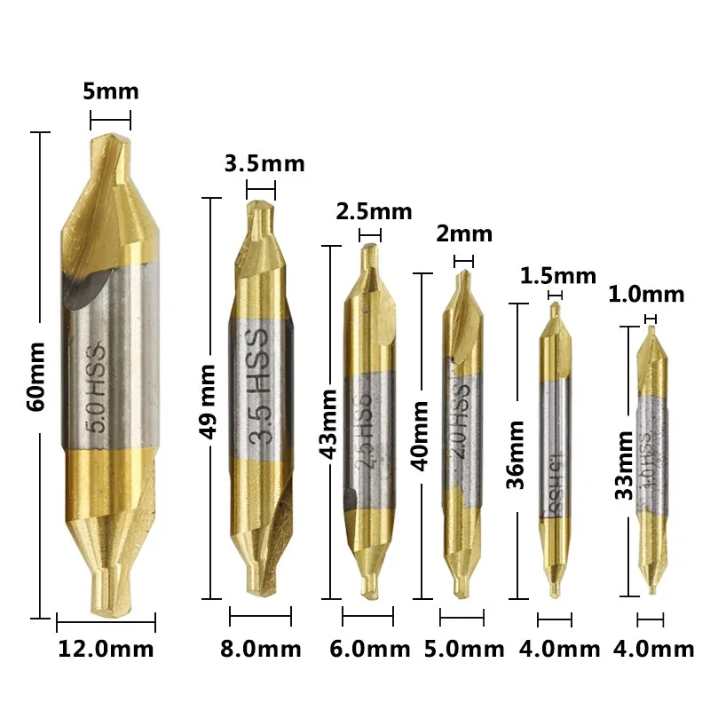 CMCP 6pcs HSS Center Drill Bits Set TiN Coated Combined Countersinks Drill 1.0-5.0mm 60 Degree Hole Cutter For Metalworking Tool