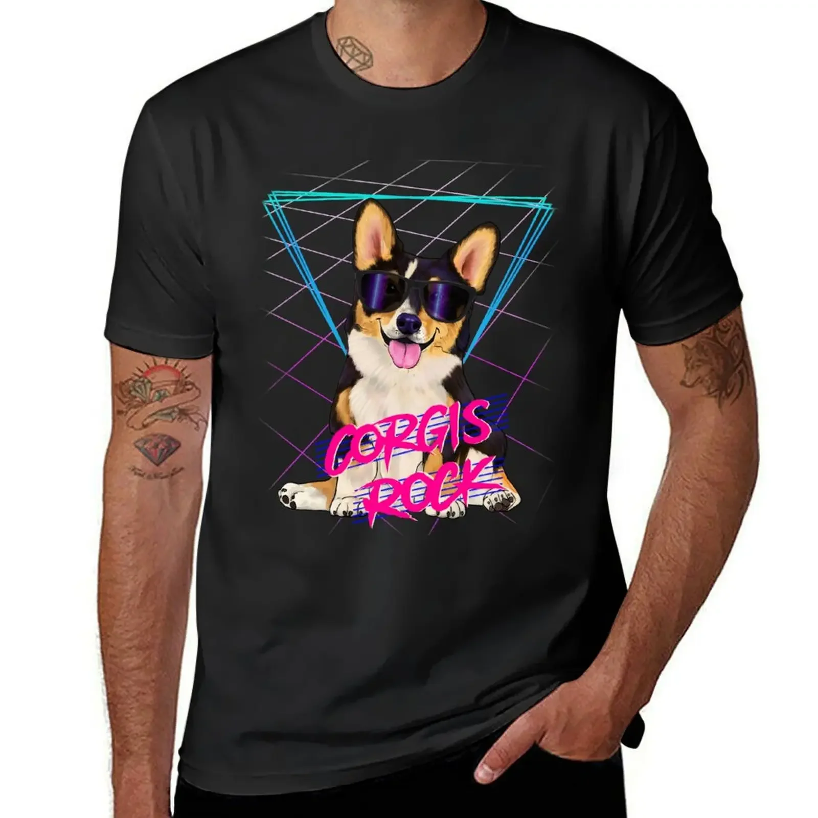 Corgis rock - Tri-color corgi with sunglasses and 80s background T-Shirt oversized t shirt oversized t shirt men