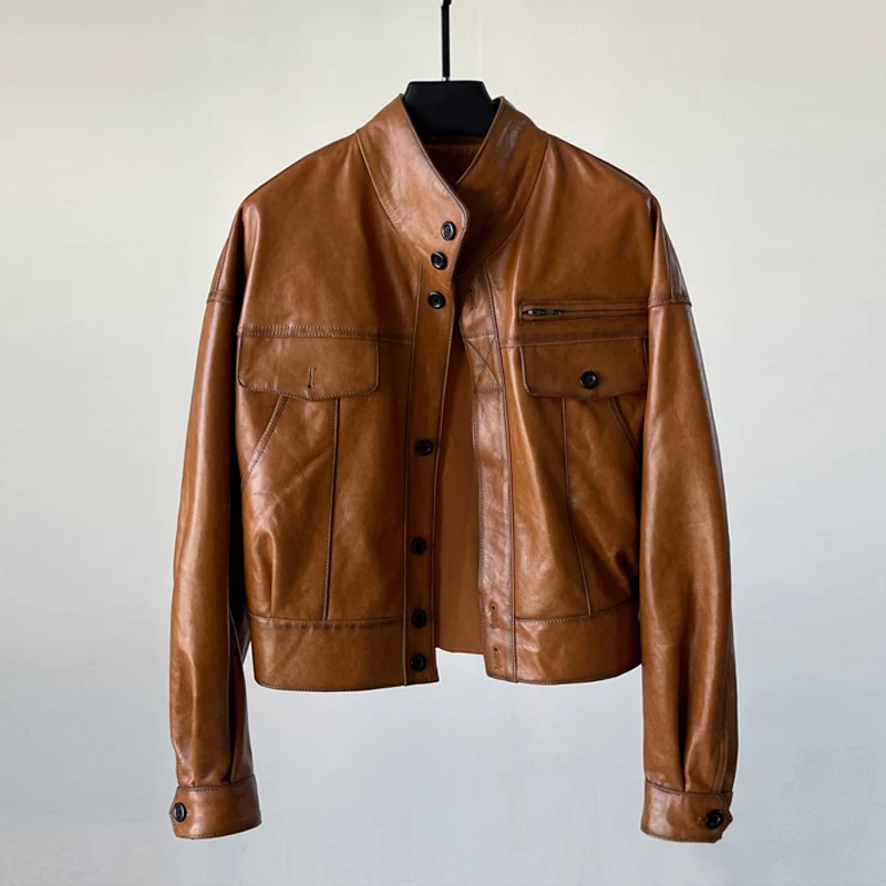 Mode Stehen Kragen Frauen 100% Echtes Leder Biker Jacken Herbst Winter Casual Weibliche Lose Volle Hülse Schaffell Jacke Mäntel