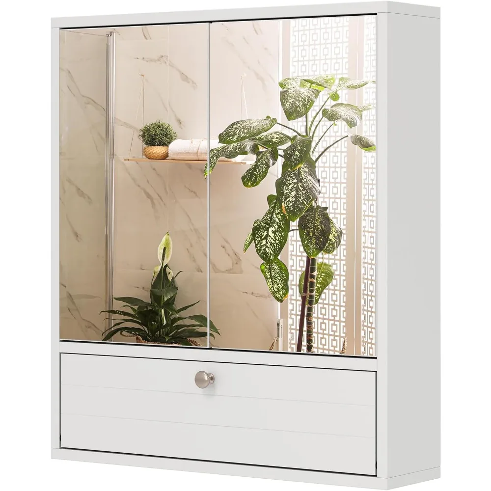 

Wall Mounted Bathroom Cabinet with Mirror Doors, Double Door Storage w/ 3-Level Adjustable Shelf & Flip-Open Compartmen