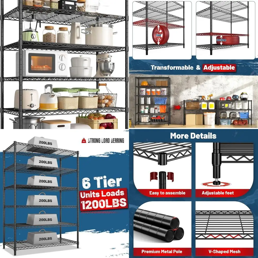 

6-ярусный металлический стеллаж для тяжелых нагрузок, регулируемый, 75x36x18 дюймов, грузоподъемность 1200 фунтов