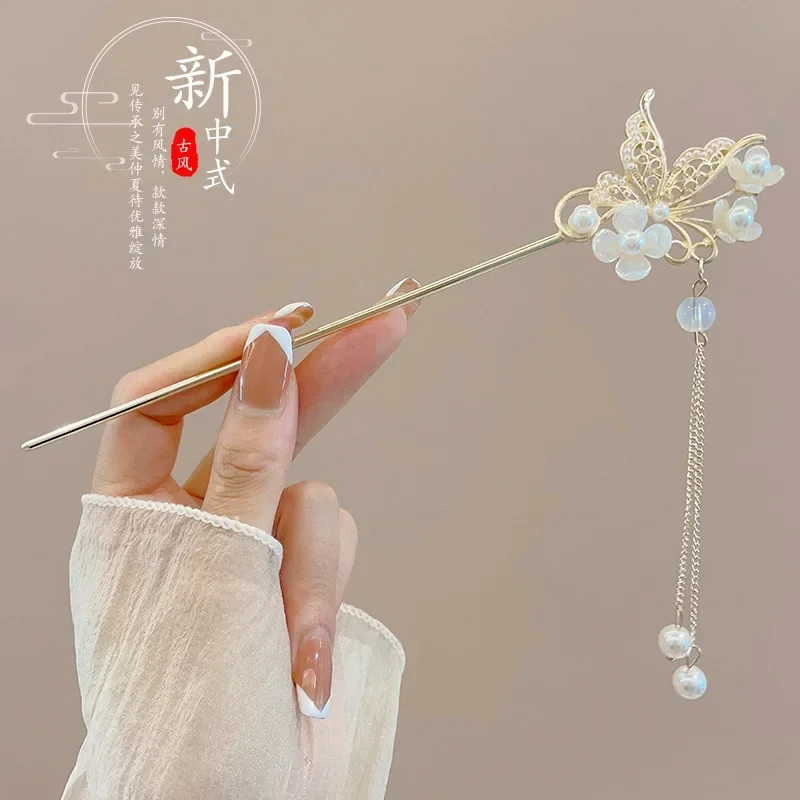 New Chinese style hairpin, antique style, magnolia flower tassel temperament, back brain spoon, hairpin, national style