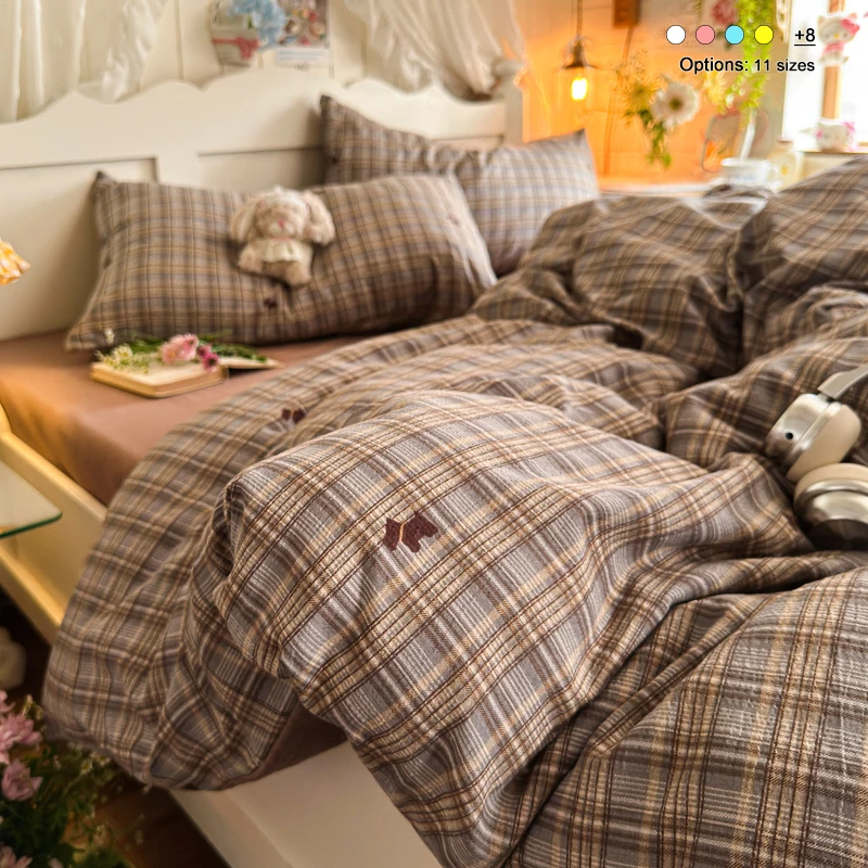 4 Piece Microfiber Bedding Set, Cute Plaid Bed Linens Kit, Soft Breathable Wrinkle Resistant Easy Care, for Bedroom Dorm Hotel