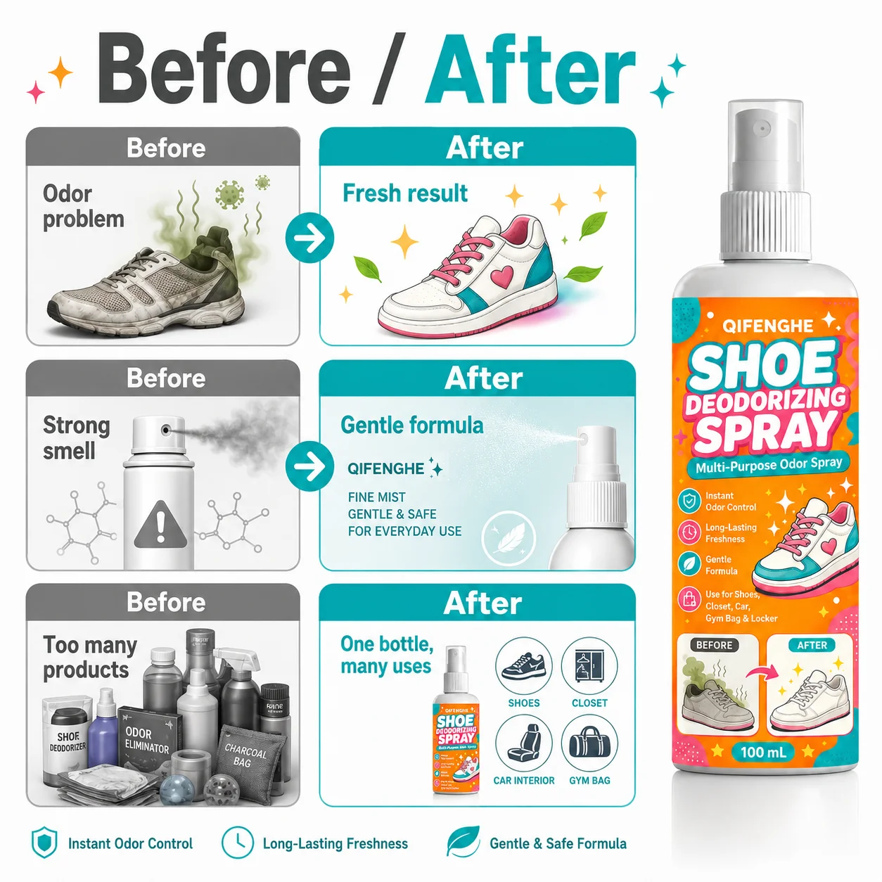 Foot & Shoe Deodorizer Spray,  100ml, Fast-Drying Odor Eliminator, Allergy-Friendly, Glycerin Formula