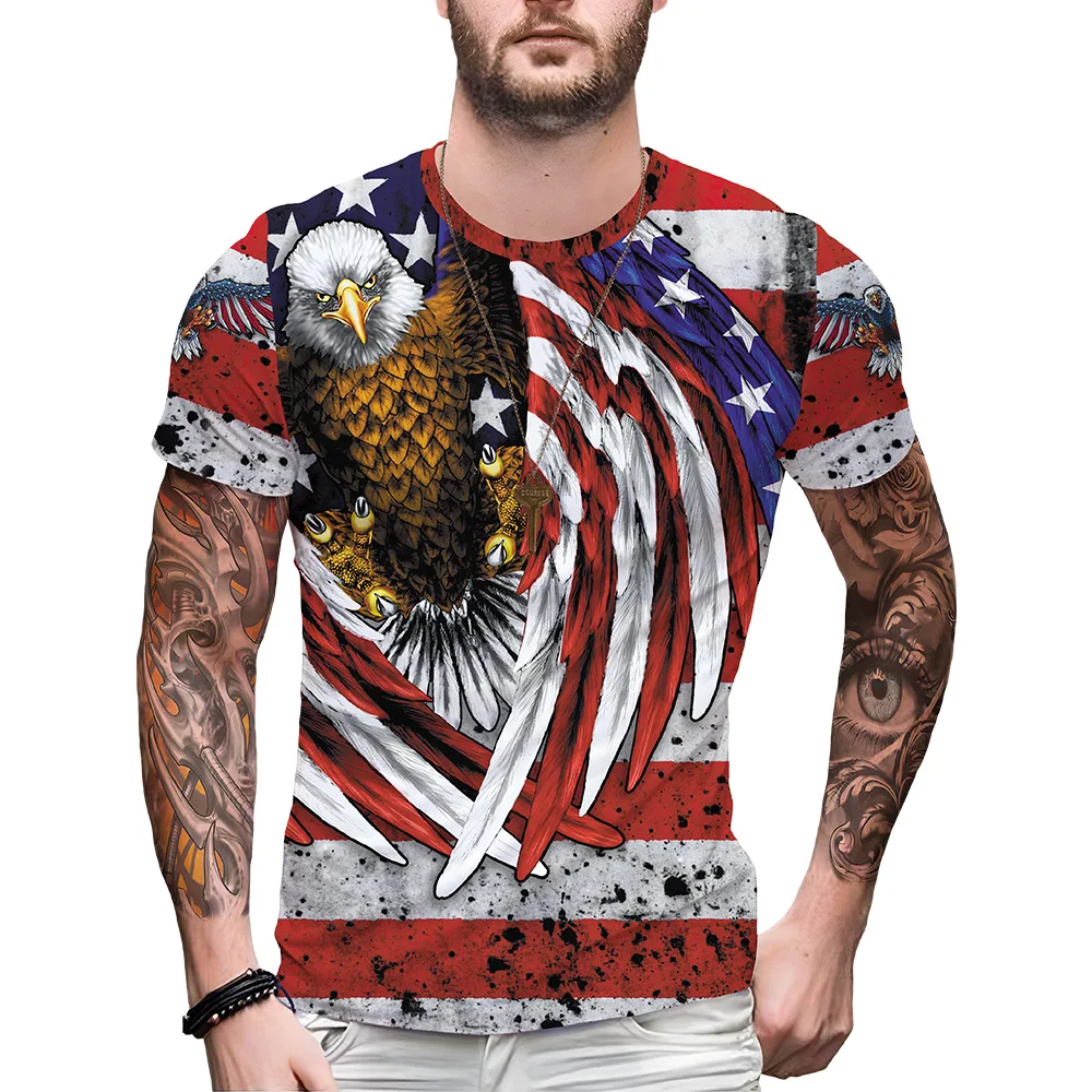 3D Graphic Printed Casual Round-neck Men's Eagle T-shirt Comfortable Summer American Flag Pullover Clothing 6XL Streetwear