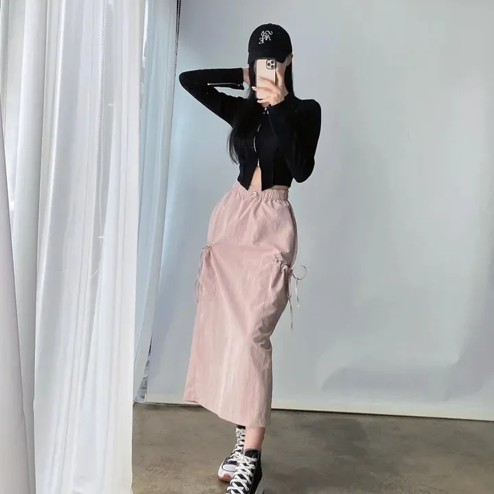 

Простая и стильная юбка А-силуэта в стиле ретро для весны и лета, женская, с высокой талией, на шнурке, с эластичным поясом, с карманами, в рабочем стиле