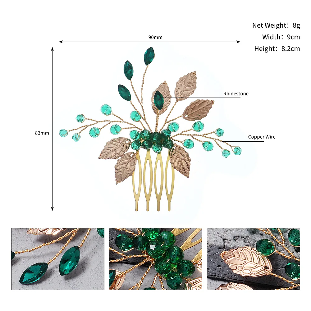Fashionable Green Crystal Flower Hair Comb Classic Rhinestone Handmade Insert Comb for Women Party Princess Hair Clip Headpiece