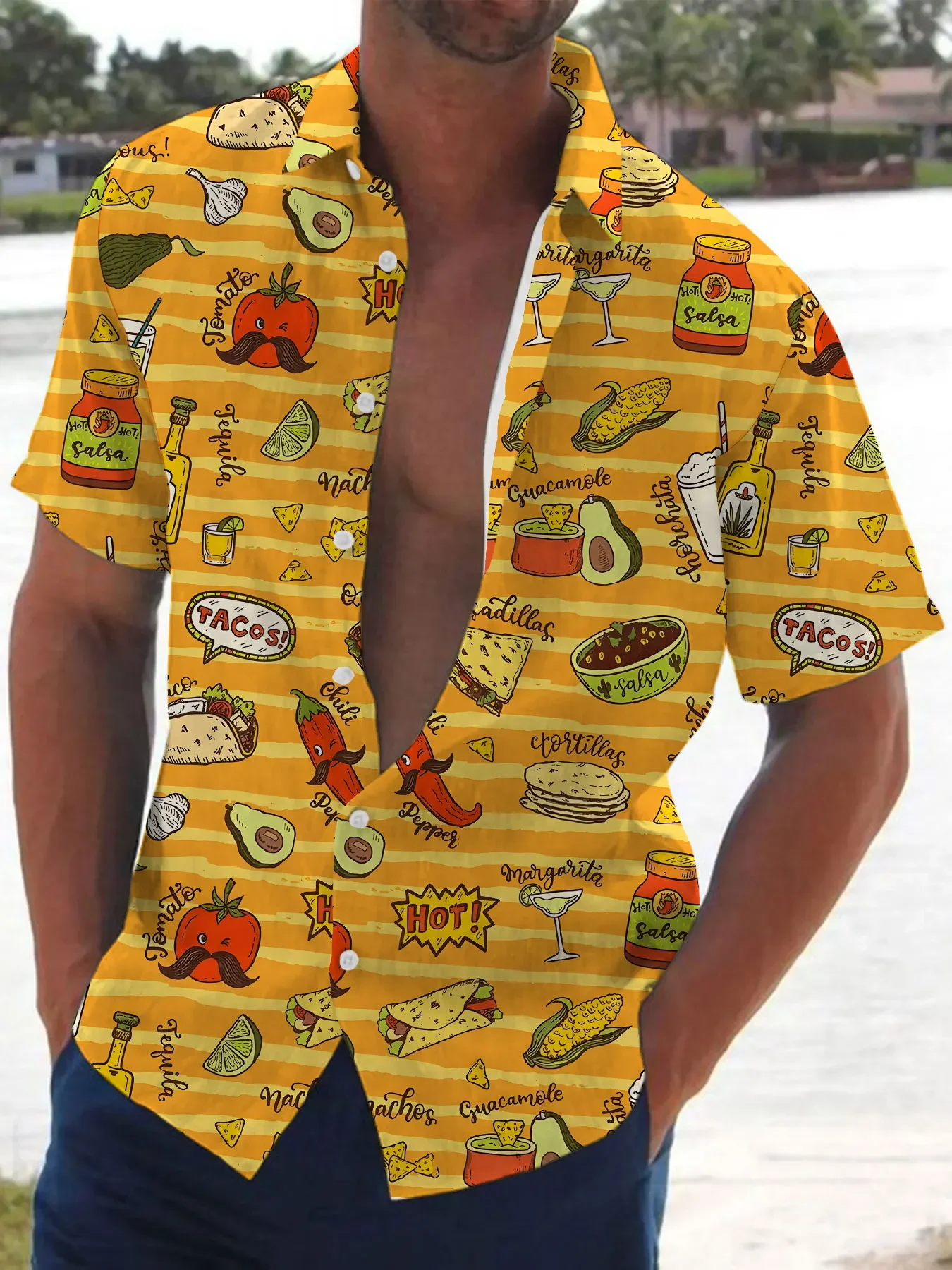 Camisa divertida con estampado de tacos y aguacates para hombre, camisa hawaiana informal de manga corta con botones y rayas amarillas para vacaciones de verano