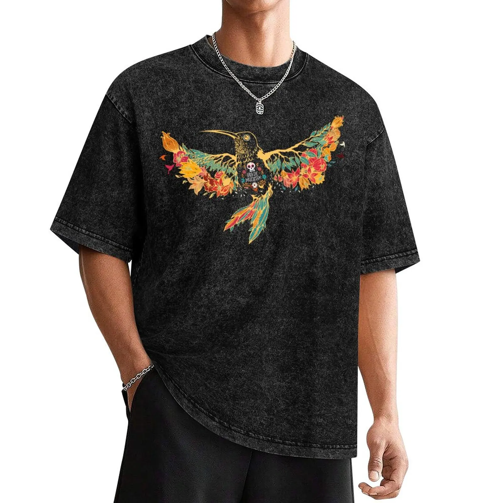 

Humming Bird in Flight: skull and floral magical day of the dead bird design T-Shirt plus sizes cute tops shirts graphic tee men