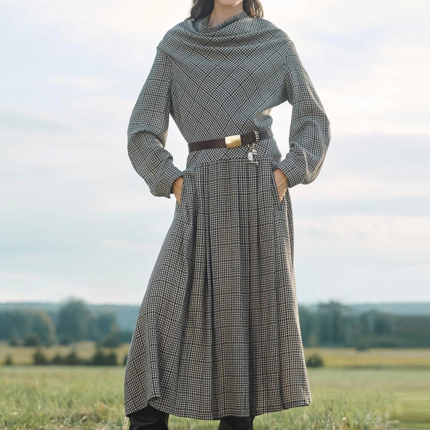 2025 Autumn New Sle Women's Faion Personali Wide Pleat Plaid Dr Z Long Sve Loose Fit Daily Wear