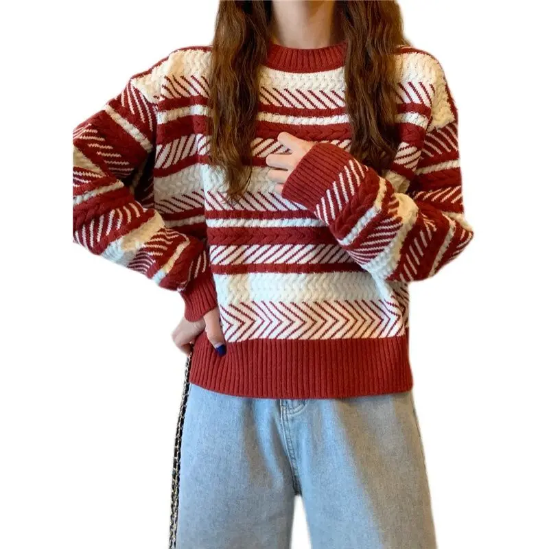 Red Striped Sweater Christmas New Year Woman Top All-match Fashion Youth Lively Autumn Winter Thick Warm Loose O-neck Generous - Image 3