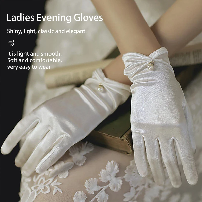 Białe suknia dla panny młodej rękawiczki krótki nadgarstek satynowe perłowe rękawiczki akcesoria ślubne na imprezę bal Cosplay wydajność kobiet rękawiczki ślubne