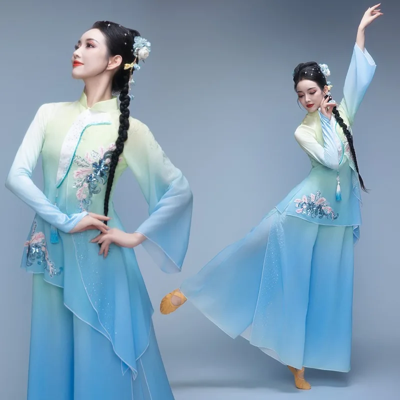 Strój Yangko Jiaozhou - Nowy taniec z wachlarzami - Elegancki taniec z parasolkami na egzaminach artystycznych - Strój taneczny dla kobiet Hanfu