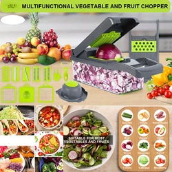 16 in 1 Vegetable Chopper, Multi-Function Slicer Kitchen Onion Chopper with Container 8 Blades Strainer Basket Egg Separator