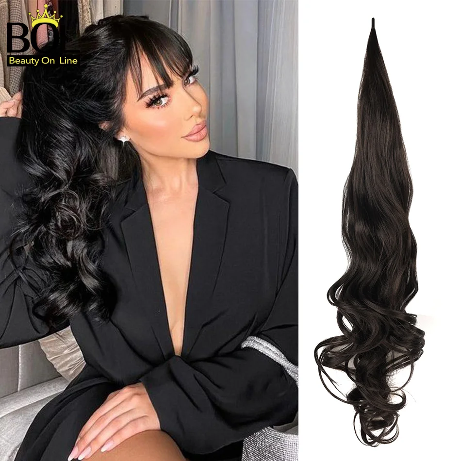 

Synthetic Flexible Wrap Around PonyTail Long Ponytail 26inch Extensions Black Ponytail Hairpieces For Women Daily Use BOL