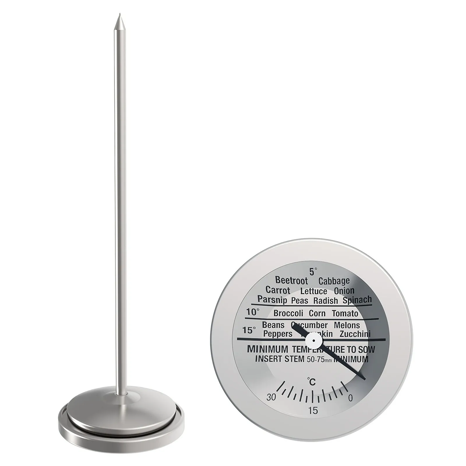 0-30℃ Soil Thermometer with Sowing Guide Stainless Steel Ground Probe Dial Gauge No Battery for Garden Seedling Greenhouse Plant