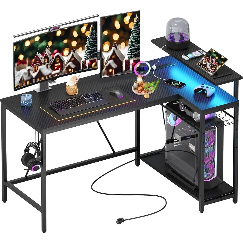 

52 Gaming Desk With Power Outlet & USB Ports Reversible Small L Shaped Computer Desk With LED Strip & Headset Hooks Table Office