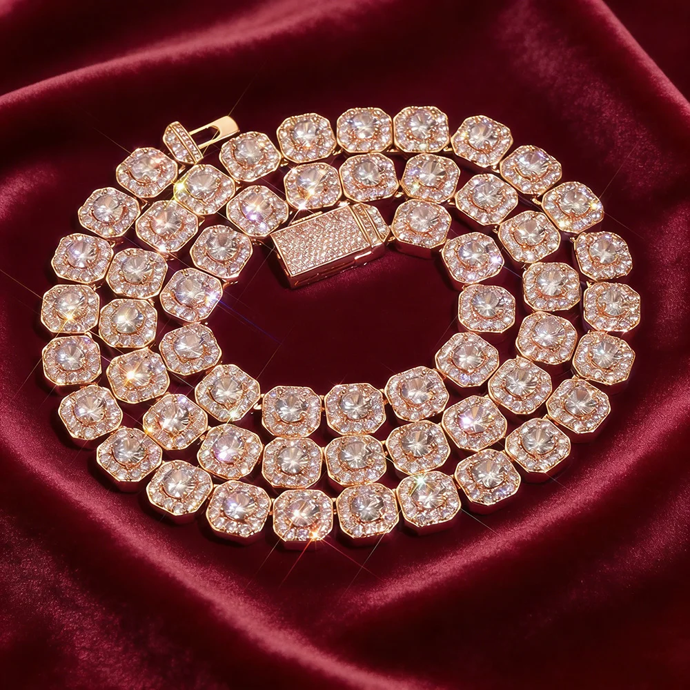 ESKEEM Hip Hop Jewelry Rock Cluster Tennis Necklace 10mm 12mm Width Iced Out Bracelet Rose Gold Plated Tennis Chain